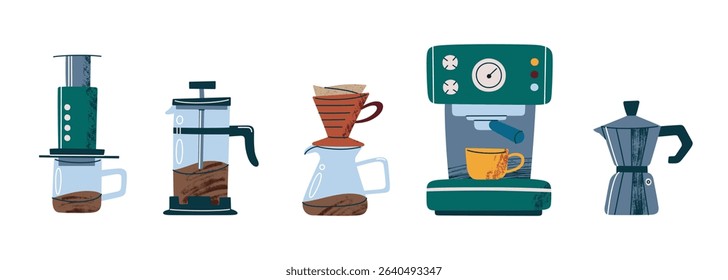 Vintage vector illustrations of coffee brewing tools for home and icoffee shops use. Pour over, espresso machine, moka pot, french press, aeropress, retro textures, barista equipment icons