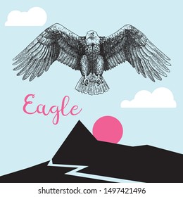 Vintage vector illustrations of eagle and mountains.Modern composition