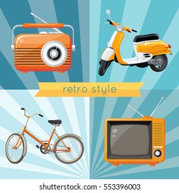 Vintage vector illustrations set with retro radio, scooter, bike and TV on blue background. 