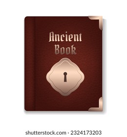 A vintage vector image of an ancient brown leather book with a closed cover. The isolated illustration showcases the antique design, featuring a grunge texture and decorative elements. 