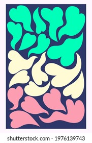 vintage vector interior poster in hippie style.70s and 60s funky and groove postcard.Psychedelic pattern with love heart.Abstract shapes for wallpaper and back.Acid stains.Valentine print for postcard