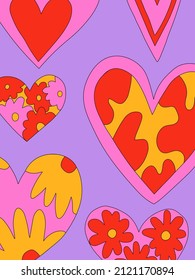 vintage vector interior poster in romantic hippie style.70s and 60s funky and groovy valentine.Psychedelic love pattern with hearts shapes.Vibrant pattern for wallpaper and back
