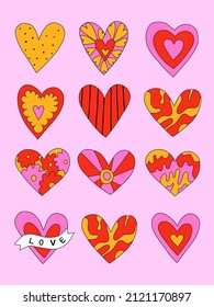 vintage vector interior poster in romantic hippie style.70s and 60s funky and groovy valentine.Psychedelic love pattern with hearts shapes.Vibrant pattern for wallpaper and back