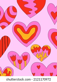 vintage vector interior poster in romantic hippie style.70s and 60s funky and groovy valentine.Psychedelic love pattern with hearts shapes.Vibrant pattern for wallpaper and back