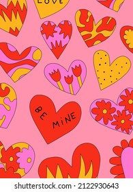 vintage vector interior poster in romantic hippie style.70s and 60s funky and groovy valentine.Psychedelic love pattern with hearts shapes.Vibrant pattern for wallpaper and back