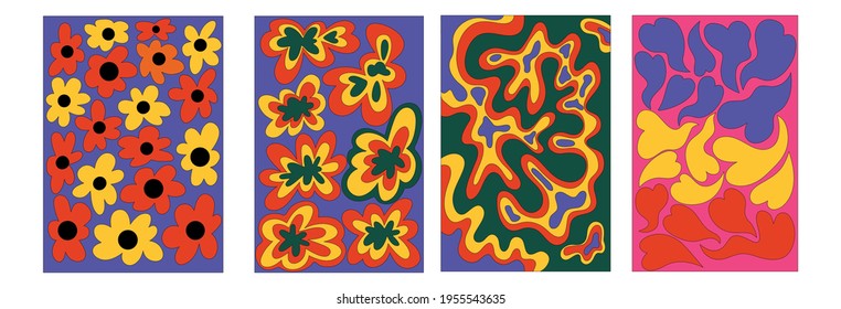 Vintage Vector Interior Posters In Hippie Style.70s And 60s Funky And Groove Postcards.Psychedelic Patterns With Flowers, Waves, Heart Shapes.Abstract Shapes For Wallpaper And Background.