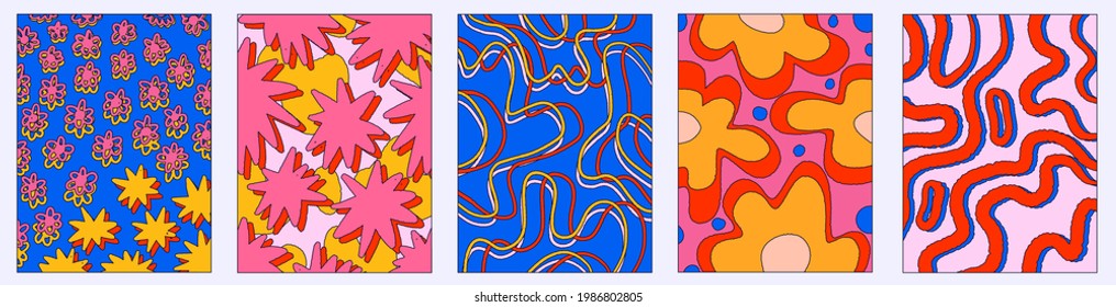 vintage vector interior posters in hippie style.70s and 60s funky and groove postcards.Psychedelic patterns with curves, stars, flowers, shapes.Abstract shapes for wallpaper and back.Low contrast