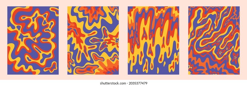 vintage vector interior posters in hippie style.70s and 60s funky and groove postcards.Psychedelic patterns with waves, brush, paint stains.Tie dye abstract shapes for wallpaper and background.