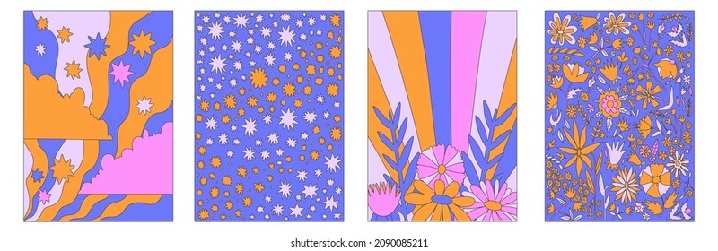 vintage vector interior posters in hippie style.70s and 60s funky and groove postcards.Psychedelic patterns with curves, stars, flowers, shapes.Abstract shapes for wallpaper and back.Low contrast