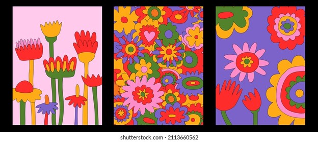 vintage vector interior posters in hippie style.70s and 60s funky and groovy postcards.Psychedelic patterns with flowers shapes.Vibrant pattern for wallpaper and back.Low contrast.Set of retro placard