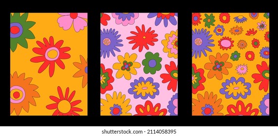 afiches vectoriales vintage de interiores en estilo hippie.postales funky y groovy de los años 60.Patrones psicodélicos con formas florales.Patrón vibrante para papel pintado y espalda.Bajo contraste.Conjunto de rótulos retro