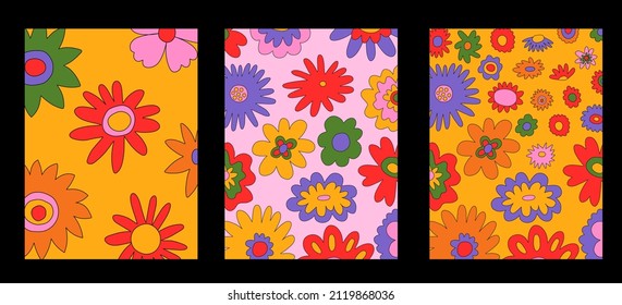 afiches vectoriales vintage de interiores en estilo hippie.postales funky y groovy de los años 60.Patrones psicodélicos con formas florales.Patrón vibrante para papel pintado y espalda.Bajo contraste.Conjunto de rótulos retro