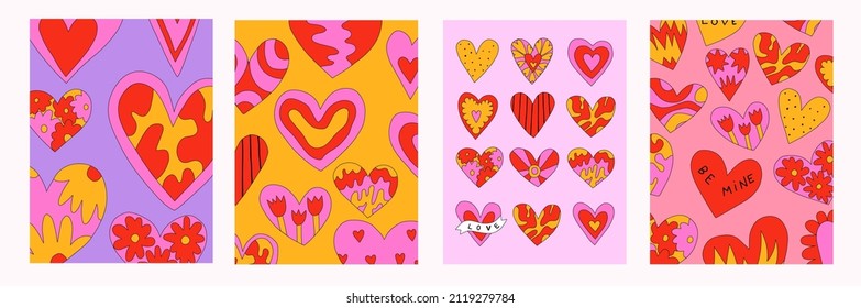 vintage vector interior posters in romantic hippie style.70s and 60s funky and groovy valentine.Psychedelic love patterns with hearts shapes.Vibrant pattern for wallpaper and back.Set of retro placard