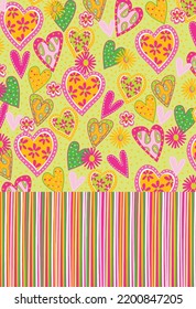 vintage vector interior posters in romantic hippie style.70s and 60s funky and groovy valentine.Psychedelic love patterns with hearts shapes.Vibrant pattern for wallpaper and back.Set of retro placard
