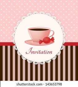 Vintage vector invitation card with cup of hot drink and candy