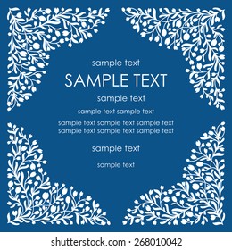 Vintage vector invitation card. Floral frame from corners with silhouette of little white flowers on a blue background. You can use the corners separately or as a frame