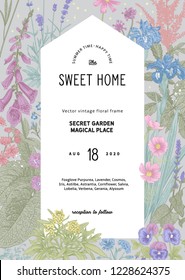 Vintage Vector Invitation. Sweet House In The Secret Garden. Summer Garden Flowers. Classic Illustration. Pastel Color