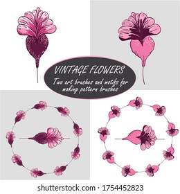 Vintage vector isolated hand drawn pink and purple flowers. Set of two painterly floral art brushes and two motifs ready to make pattern brushes. Elegant hand drawn design for sophisticated stationery