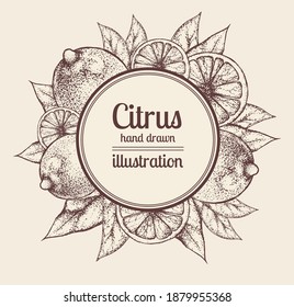 Vintage vector label design for citrus juice packaging. Frame with place for text surrounded by whole lemons and slices. Banner for advertising organic products. Imitation of etching. Freehand sketch.