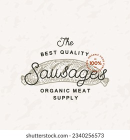 Vintage Vector Label Logo Template. Engraving Style Meat Illustration with Typography. Hand Drawn Retro Sausages Drawing Emblem. Isolated