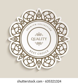 Vintage vector label with ornamental border, best choice, premium quality badge, round sticker, cutout circle frame, esp10