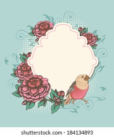 Vintage vector label with pink roses and bird