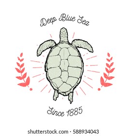 Vintage vector  label - sea turtle with text "Deep blue sea"