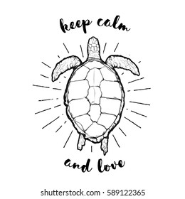 Vintage vector  label - sea turtle with text "Keep calm and love"