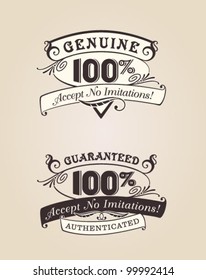 Vintage vector label set: calligraphic victorian theme. Guaranteed 100% Accept No Imitations. Genuine 100%, Accept No Imitations. Retro labels with dark brown and creme color theme.