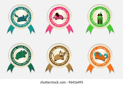 vintage vector labels with funny cow, dog, cat, mouse and puppy.