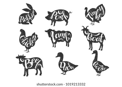 Vintage vector labels with silhouettes of farm animals with lettering. Rabbit, pork, turkey, chicken, lamb, goat, beef, duck, goose. Monochrome emblems for butcher shop