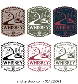 vintage vector labels of whiskey with copper whiskey still and mountains