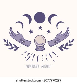 Vintage vector magic symbols. Witchcraft greeting card. Spiritual mystic hand drawn elements on white
