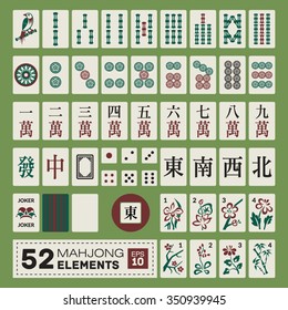 Vintage vector mahjong (majiang) set (number tiles from 1 to 9 in dots, characters, bamboos; winds: east, south, west, north; dragons: white, green, red; shirt, joker, flowers, dice, pointer)