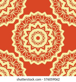 Vintage vector mandala pattern retro yellow on red. Hand drawn abstract tile. Decorative retro pattern. Wallpaper for banner, invitation, wedding card, cover and other kind of design.