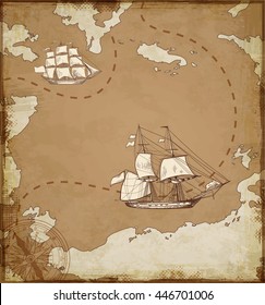 Vintage vector map with sailing vessels. Ancient map with ships.