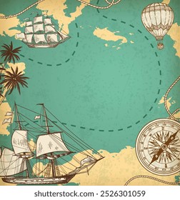 Vintage vector marine background with air balloon and sailing vessels. Ancient map with ships and compass.