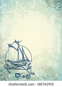 Vintage vector marine background with sailing ship