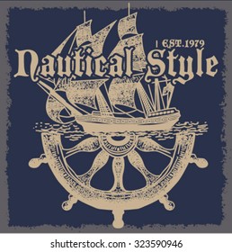 Vintage vector marine background with sailing ship
