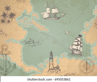 Vintage vector marine map with sailing vessels. Ancient map with ships and compass.