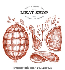 Vintage vector meat illustration. Hand drawn ham, ham slices, spices and herbs. Raw food ingredients. Retro sketch. Can be use for label, restaurant menu.