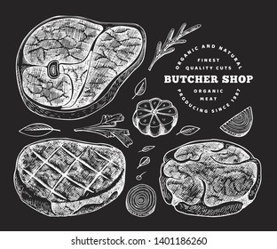 Vintage vector meat illustration on chalk board. Hand drawn steak set, spices and herbs. Raw food ingredients. Retro sketch. Can be use for label, restaurant menu.