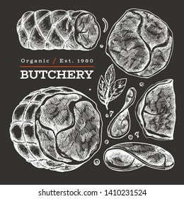 Vintage vector meat illustration on chalk board. Hand drawn ham, ham slices, spices and herbs. Raw food ingredients. Retro sketch. Can be use for label, restaurant menu.