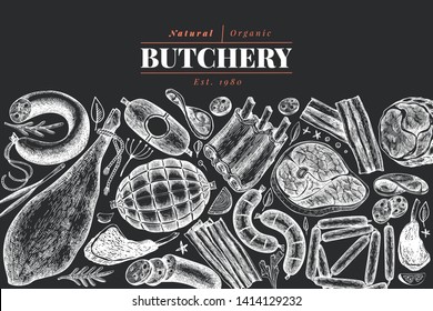 Vintage vector meat products design template. Hand drawn ham, sausages, jamon, spices and herbs. Raw food ingredients. Retro illustration on chalk board. Can be use for label, restaurant menu.