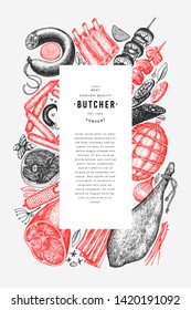 Vintage vector meat products design template. Hand drawn ham, sausages, jamon, spices and herbs. Raw food ingredients. Retro illustration. Can be use for label, restaurant menu.