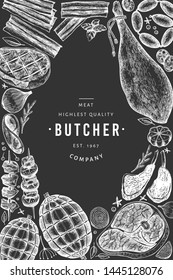 Vintage vector meat products design template. Hand drawn ham, sausages, jamon, spices and herbs. Raw food ingredients. Retro illustration on chalk board. Can be use for label, restaurant menu.