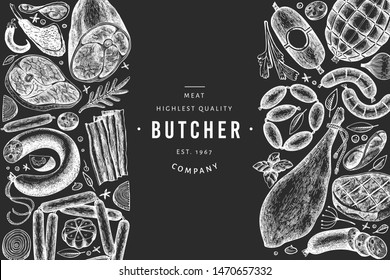 Vintage vector meat products design template. Hand drawn ham, sausages, jamon, spices and herbs. Raw food ingredients. Retro illustration on chalk board. Can be use for label, restaurant menu.