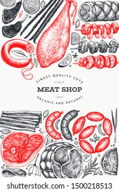 Vintage vector meat products design template. Hand drawn ham, sausages, steaks, jamon, spices and herbs. Raw food ingredients illustration.