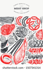 Vintage vector meat products design template. Hand drawn ham, sausages, steaks, jamon, spices and herbs. Raw food ingredients. Retro illustration. Can be use for label, restaurant menu.