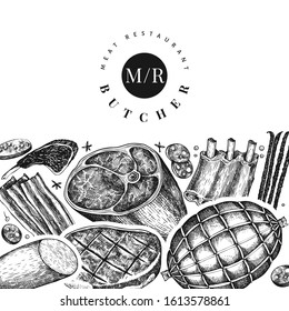 Vintage vector meat products design template. Hand drawn ham, sausages, jamon, spices and herbs. Raw food ingredients. Retro illustration. Can be use for restaurant menu.